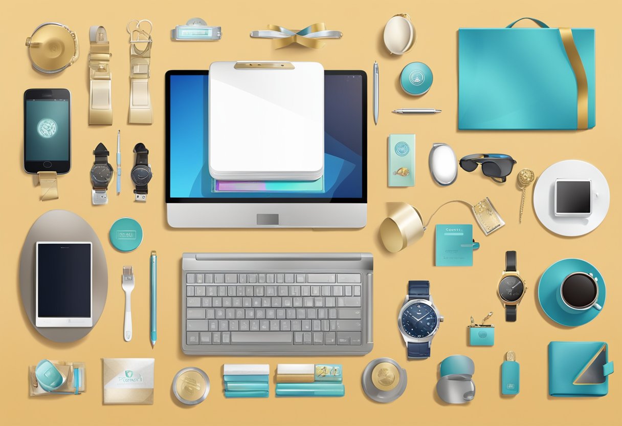 A table displays various corporate gift categories: tech gadgets, luxury accessories, gourmet treats, and personalized items