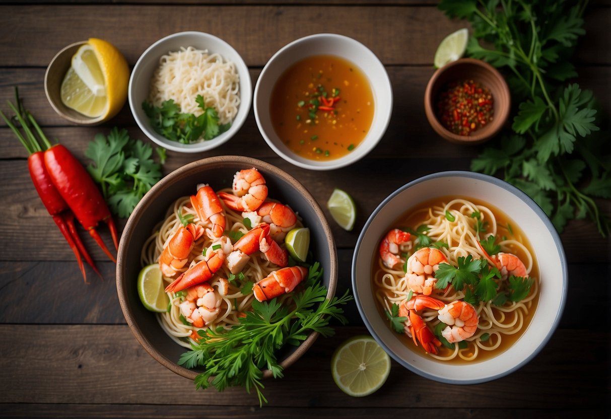 A steaming bowl of lobster noodles sits on a rustic wooden table, surrounded by vibrant Asian spices and fresh herbs