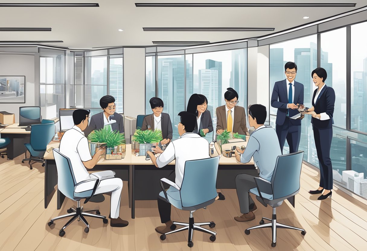 A group of professionals exchanging branded gifts in a modern office setting in Singapore. Displayed items include luxury pens, electronic gadgets, and gourmet food baskets