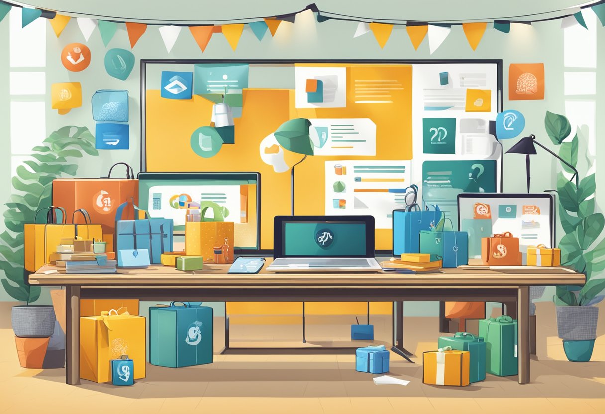 A table with branded corporate gifts surrounded by charity logos and a banner with "Frequently Asked Questions" displayed prominently