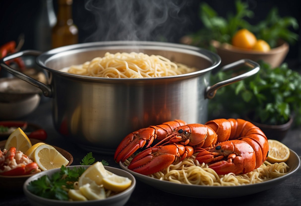 A pot of boiling water with lobster, noodles, and ingredients for a Singaporean recipe, with possible substitutions nearby