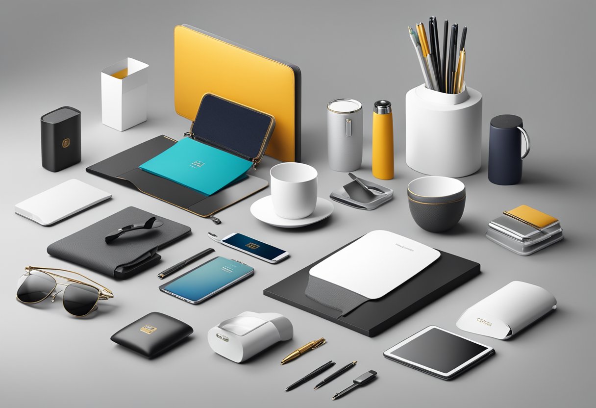 A table with a variety of high-quality corporate gifts displayed, including branded tech accessories, luxury stationery, and elegant drinkware