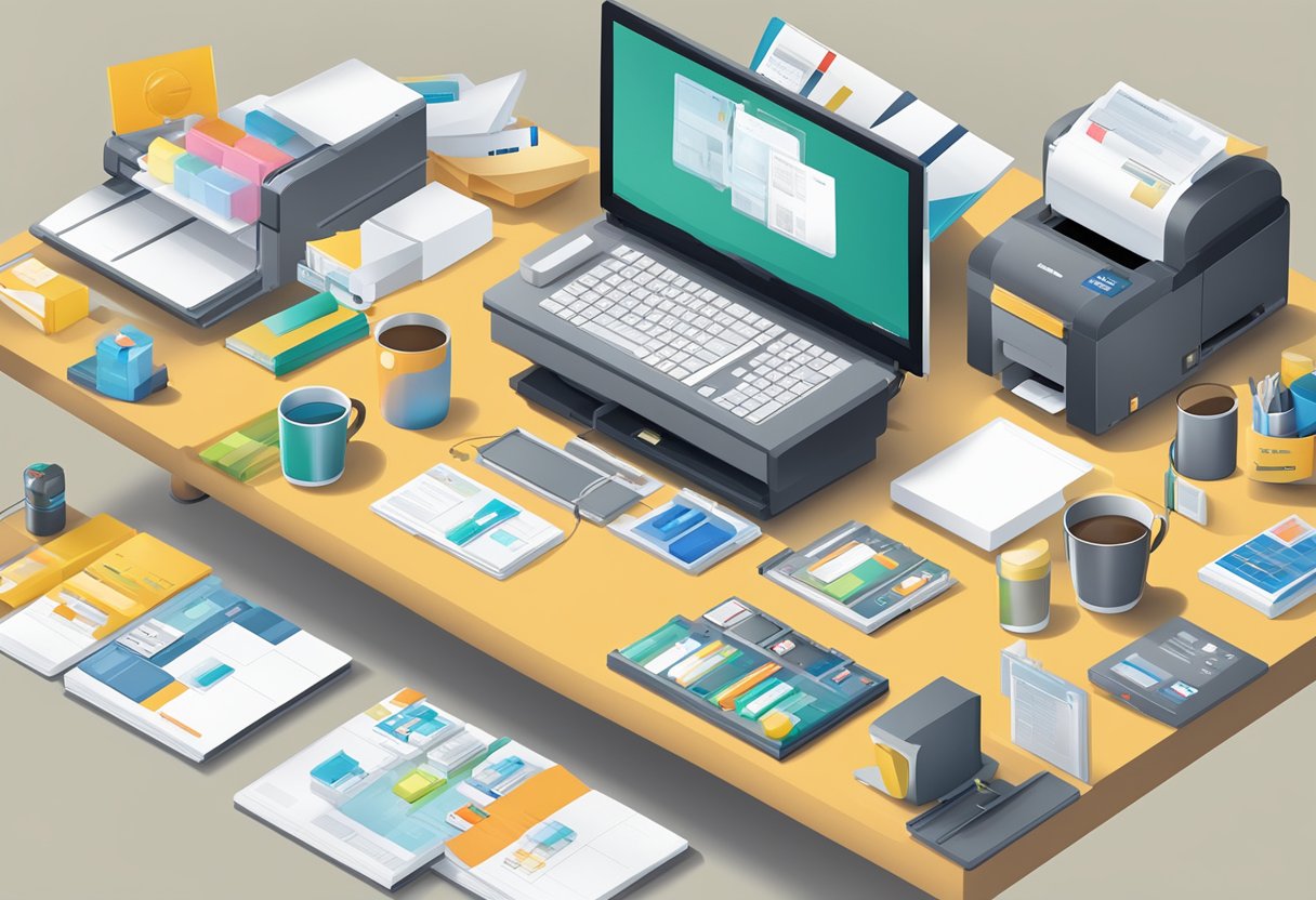 A table filled with various corporate gifts, a printer customizing logos, and a team organizing packages for distribution