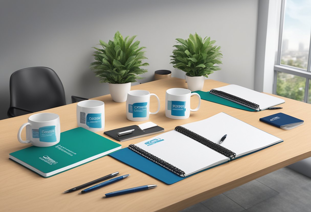 A table displays branded mugs, notebooks, and pens. A banner reads "Corporate Door Gift" in a sleek office setting