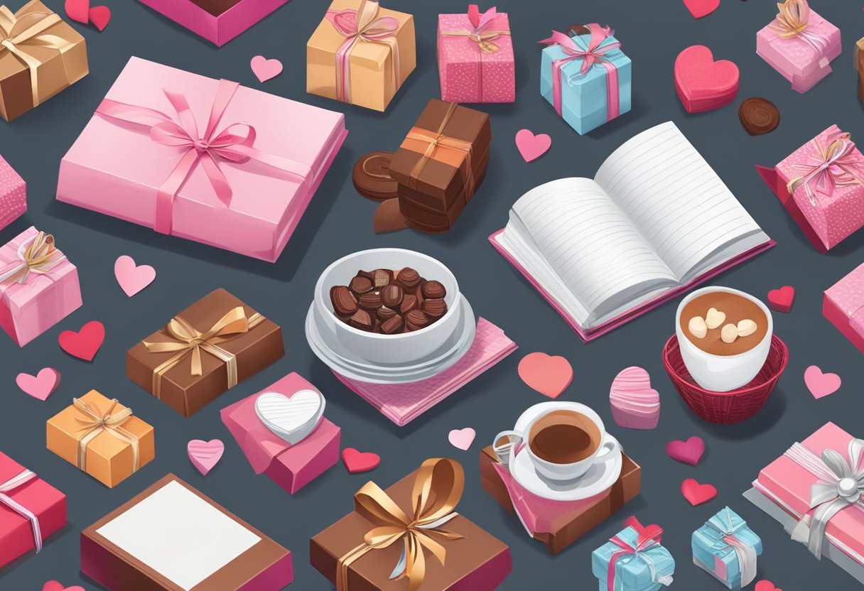 A table scattered with branded gift baskets, elegant chocolates, and personalized notebooks for corporate Valentine's Day gifts