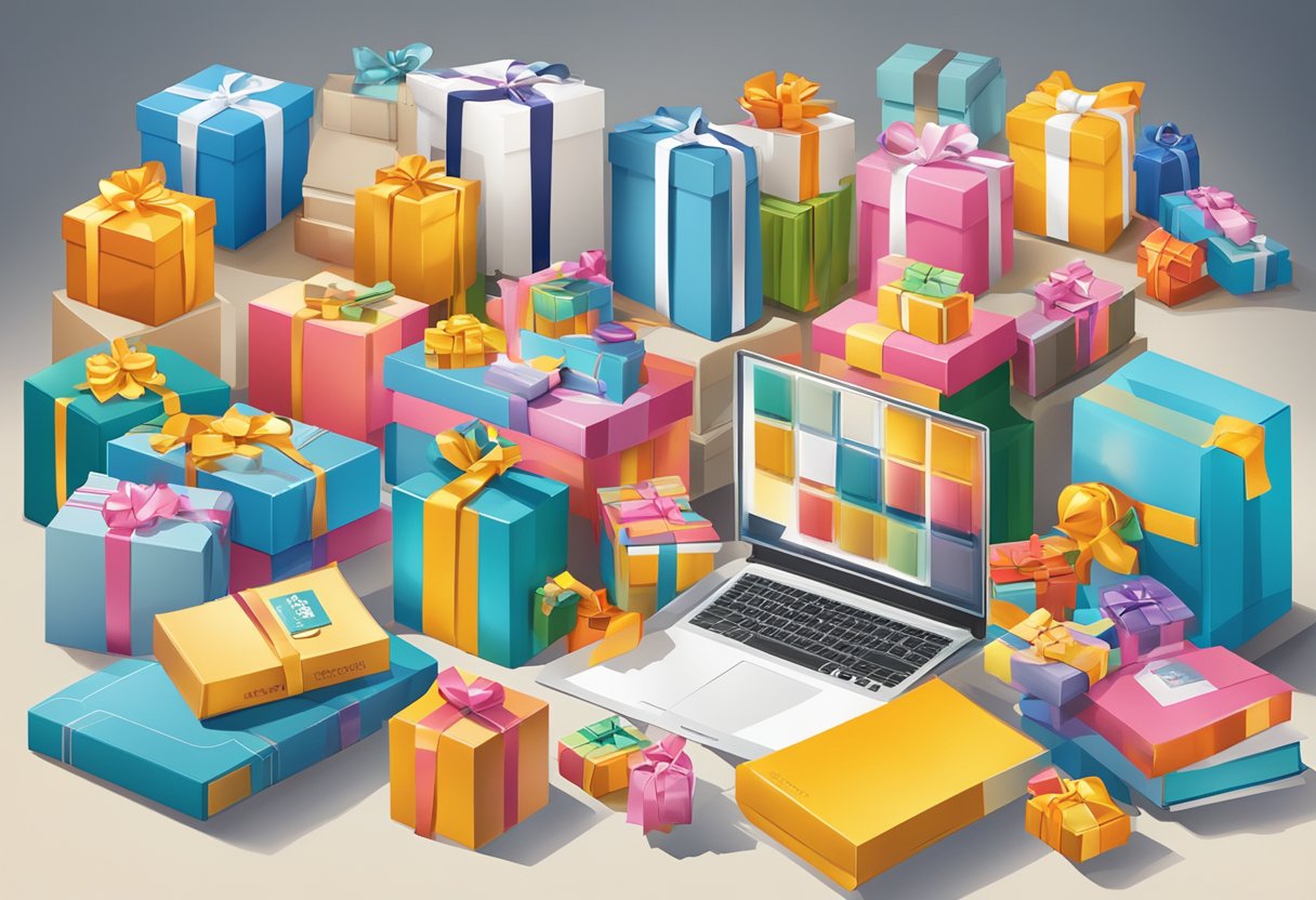 A table filled with branded gift boxes, books, and toys, surrounded by corporate logos and banners