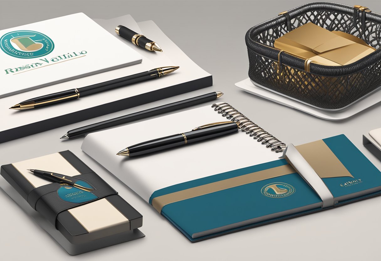 A table adorned with branded pens, notebooks, and luxury gift baskets. A corporate logo prominently displayed on each item