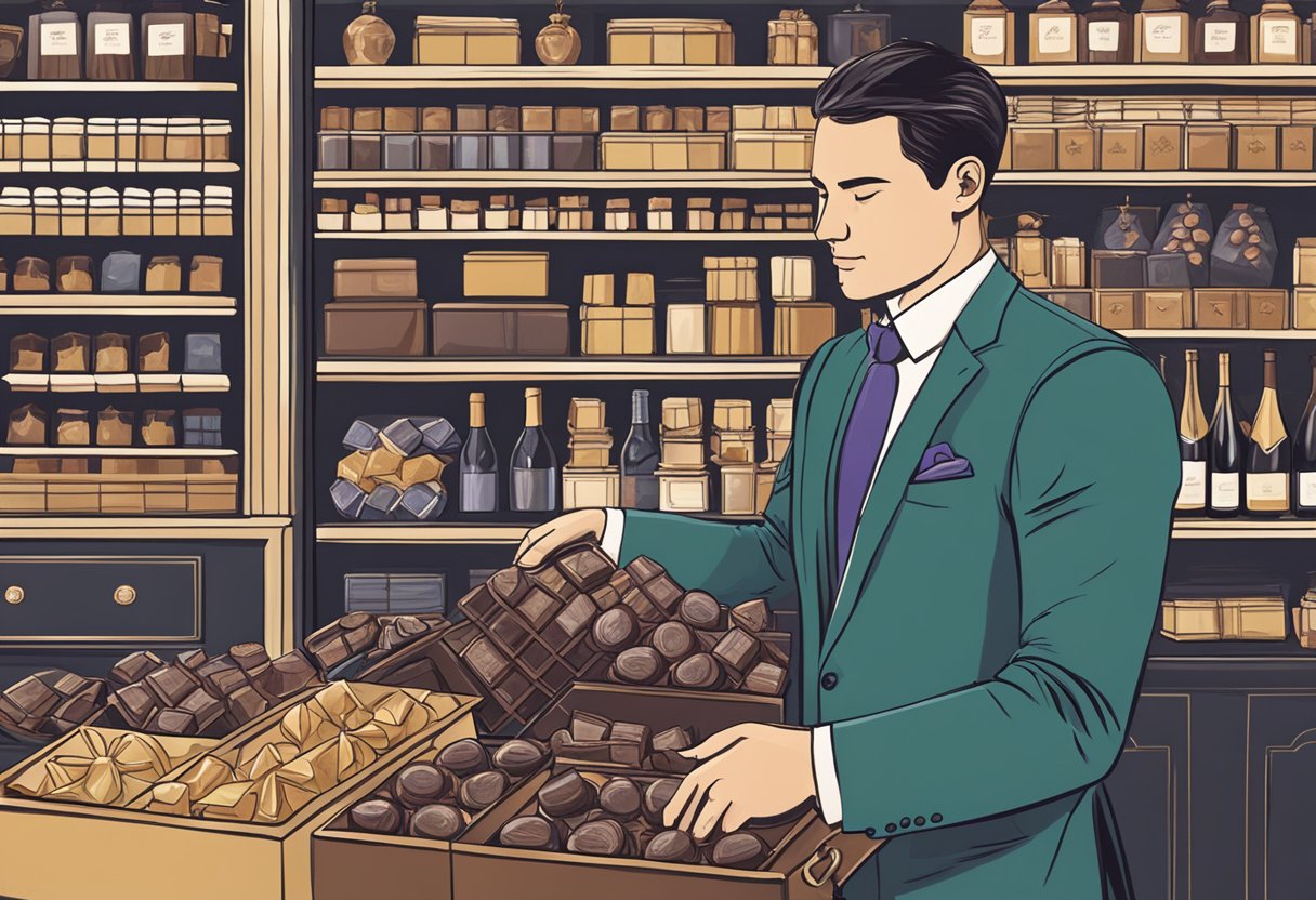 A person in a suit browsing through a selection of elegant gifts like luxury chocolates, fine wines, and personalized gift baskets
