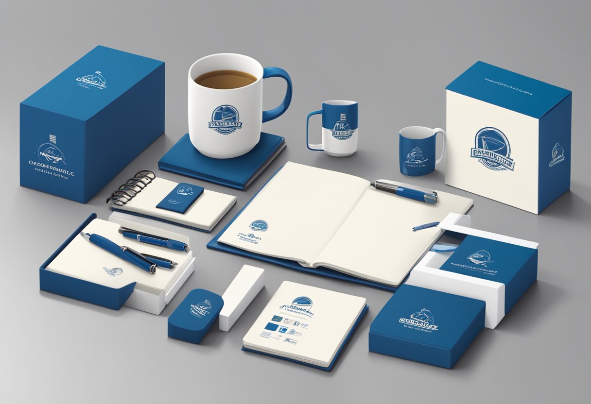 A table displays branded pens, notebooks, and mugs. A logo-emblazoned gift box sits nearby
