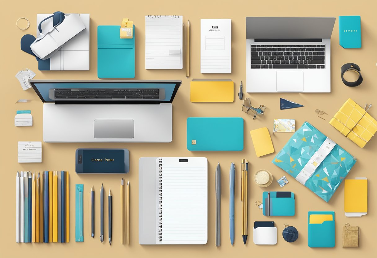 A group of diverse corporate gifts arranged neatly on a table, including branded items, gift cards, and personalized notes