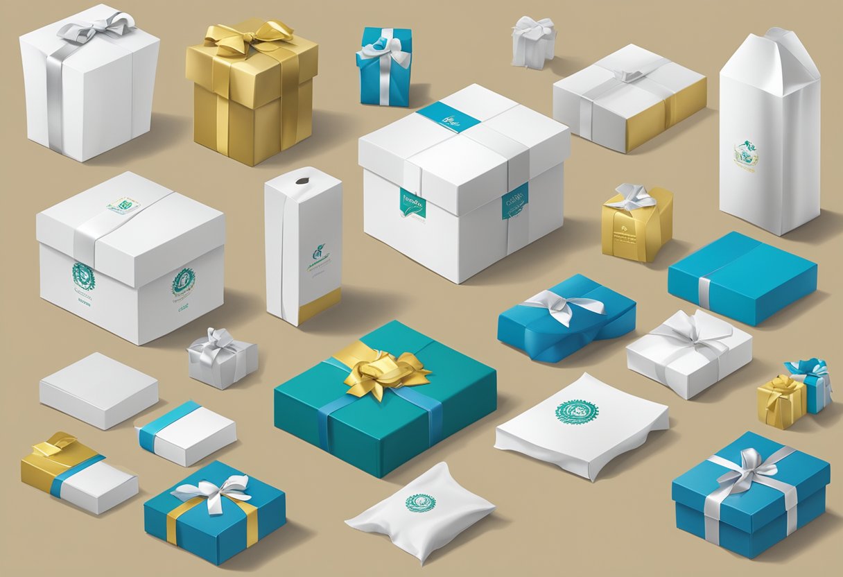 A table with various corporate gift packaging options, including branded boxes, ribbon, and tissue paper. A company logo is visible on some items