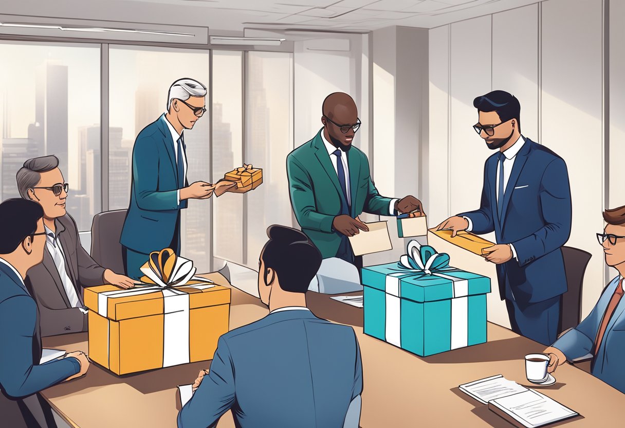 A group of professionals exchanging branded gifts in a boardroom setting, with corporate logos and sleek packaging on display