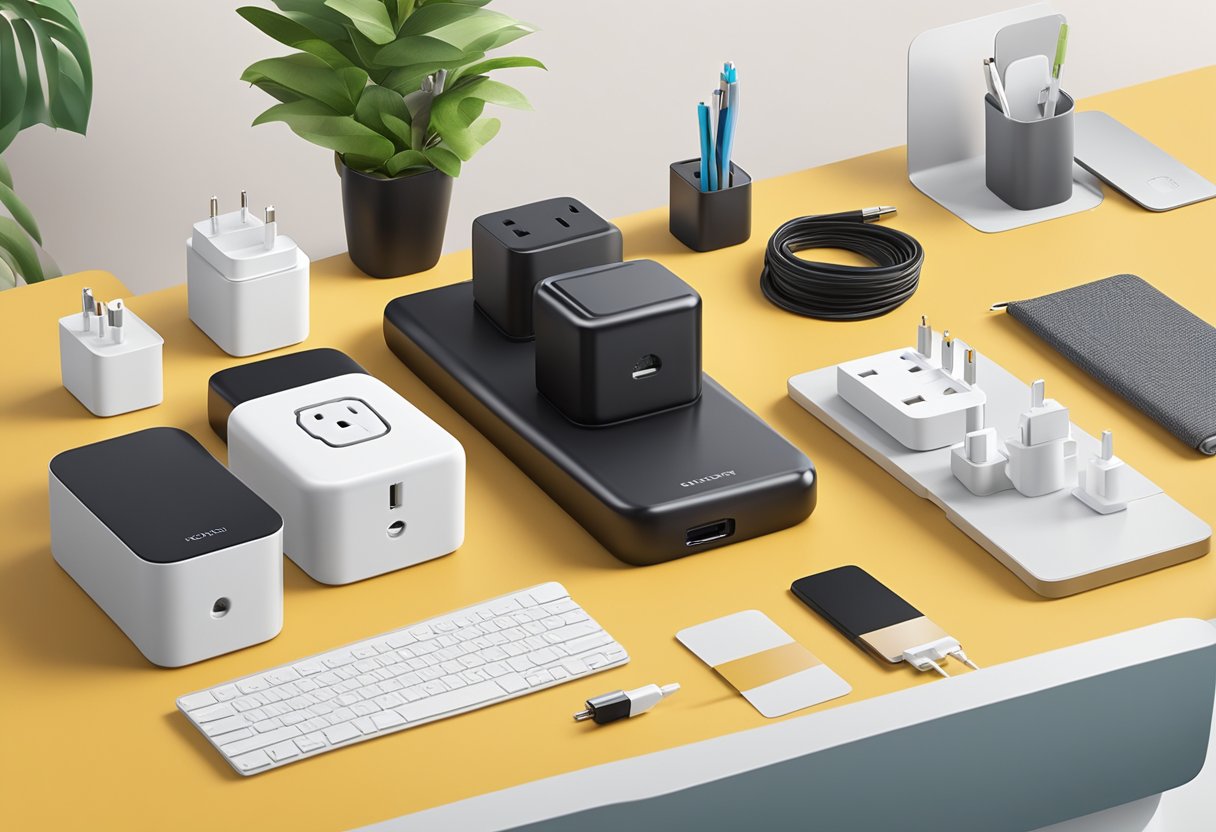 A travel adaptor sits on a desk, surrounded by corporate gifts and office supplies. The adaptor is sleek and modern, with multiple plug options