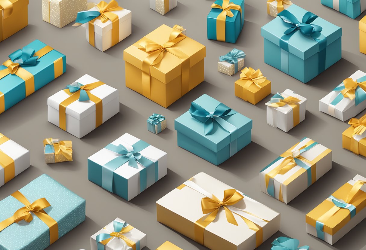 A table displaying various corporate gift packaging options with elegant designs and branding elements. Boxes, ribbons, and personalized tags are arranged neatly for presentation