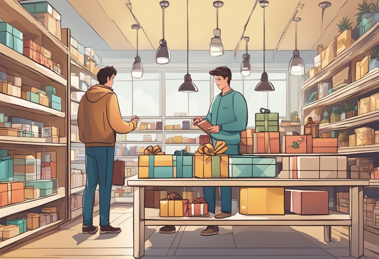 A table displays various gift options. A person selects items from shelves and speaks with a supplier