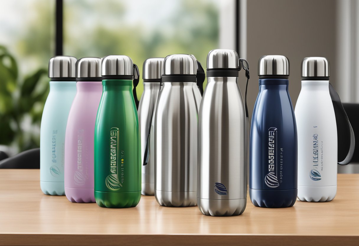 A table with a variety of stainless steel water bottles, branded with "Designing Your" logo, displayed as corporate gifts