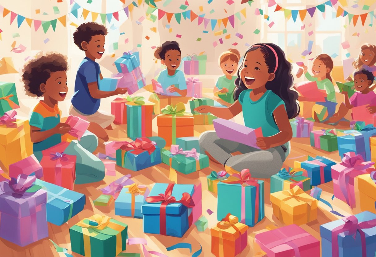 Children happily opening corporate gifts in a brightly lit room with colorful wrapping paper and ribbons scattered around