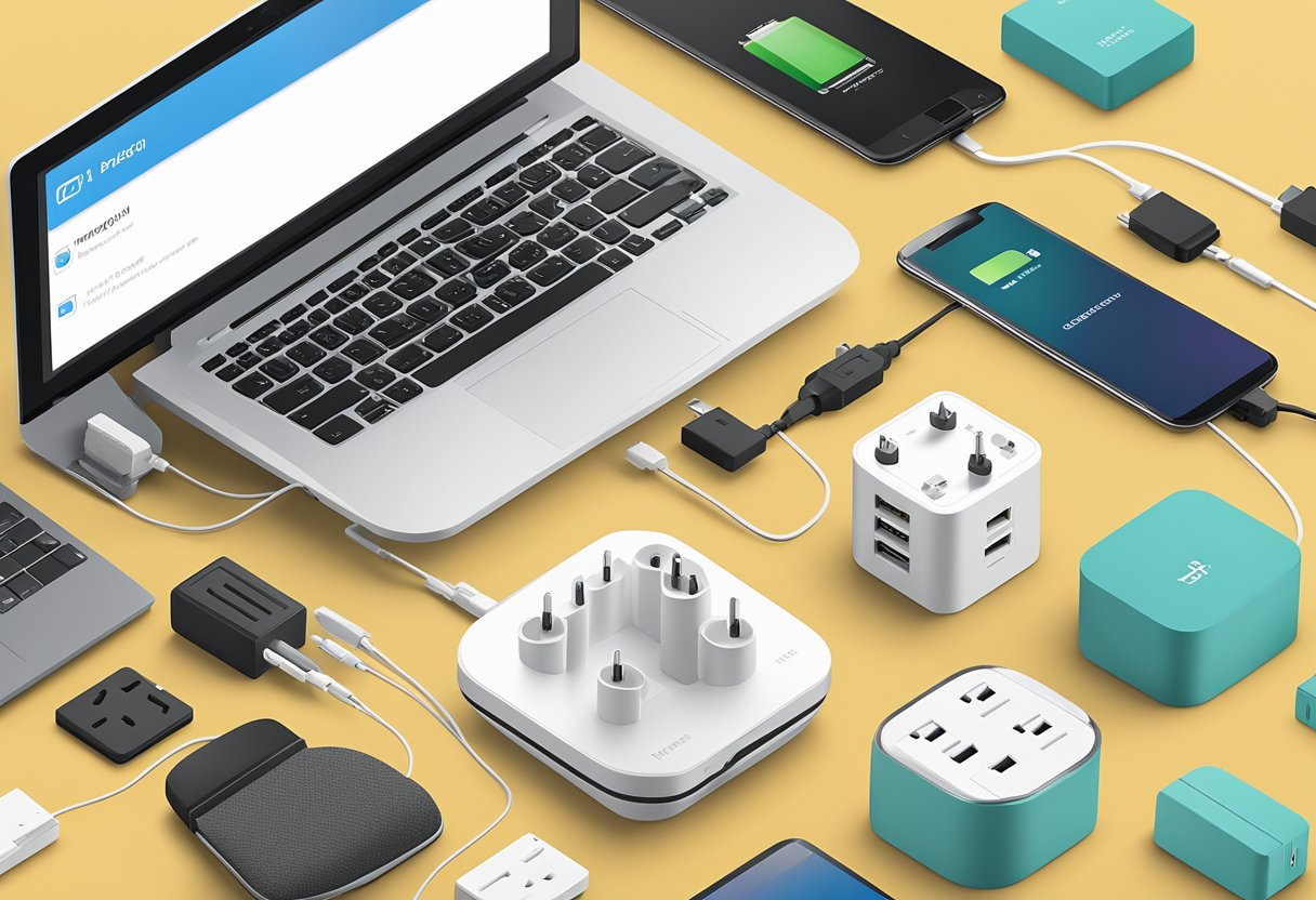 A corporate gift travel adaptor sits on a sleek desk, surrounded by international power outlets and electronic devices