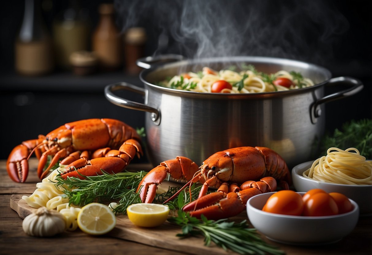 A pot of boiling water with lobster, pasta, and herbs