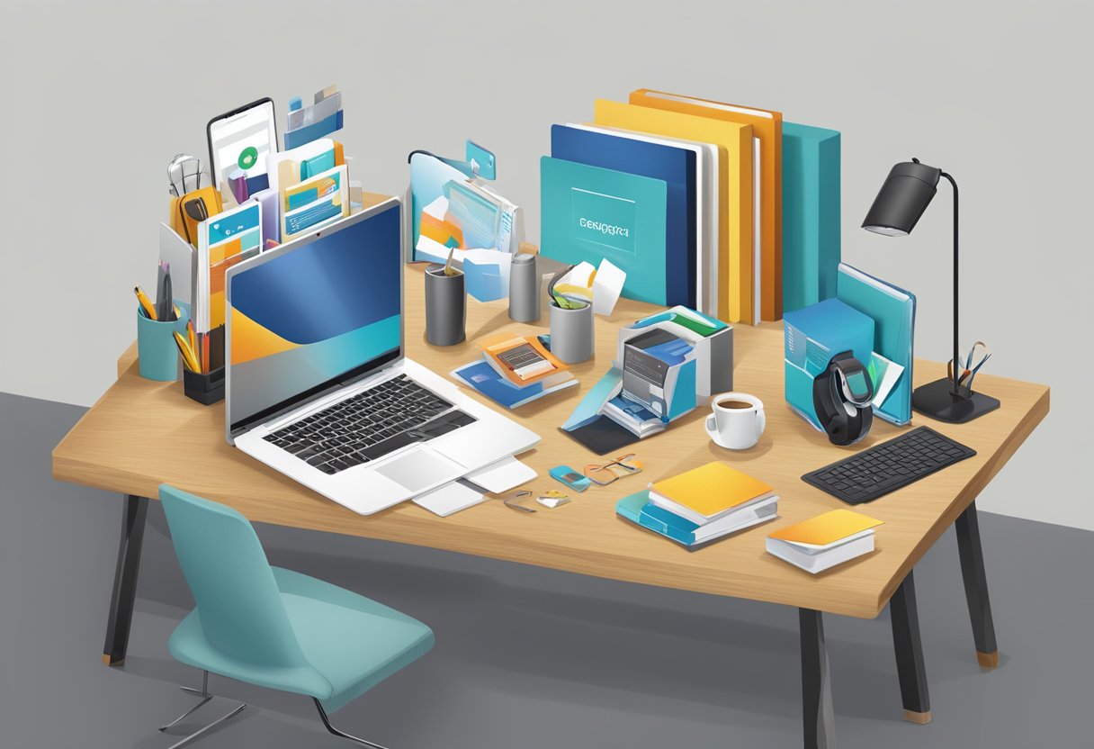 A table with a variety of corporate gift items displayed, including branded products, stationary, and tech gadgets. A sign with "Frequently Asked Questions" is visible