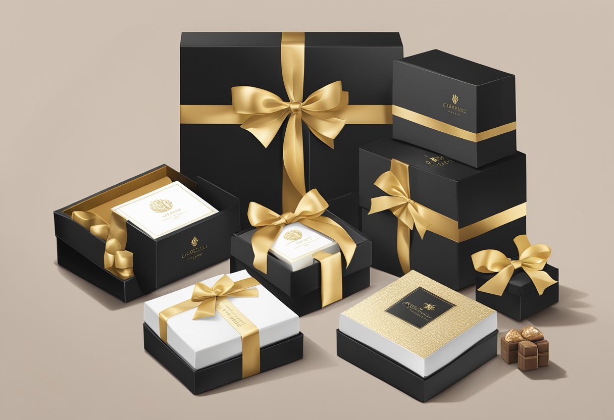 A sleek black gift box adorned with gold ribbon and a custom logo, filled with luxurious items like gourmet chocolates, artisanal candles, and personalized stationery