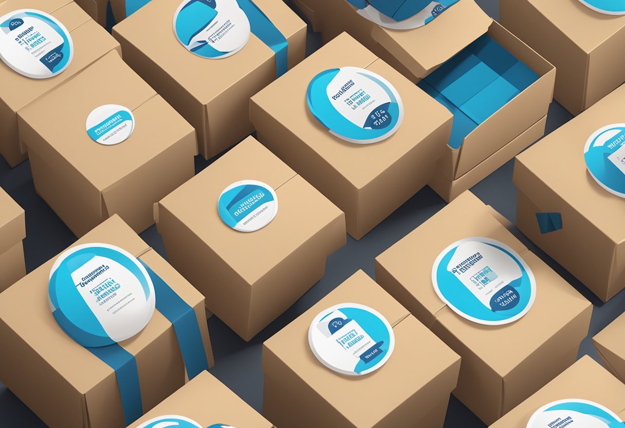 A stack of branded merchandise boxes with "Frequently Asked Questions" text, placed on a sleek corporate table