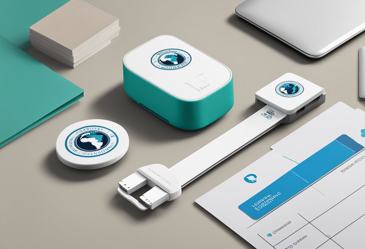 A sleek travel adaptor with a company logo sits on a desk next to a stack of business cards and a world map