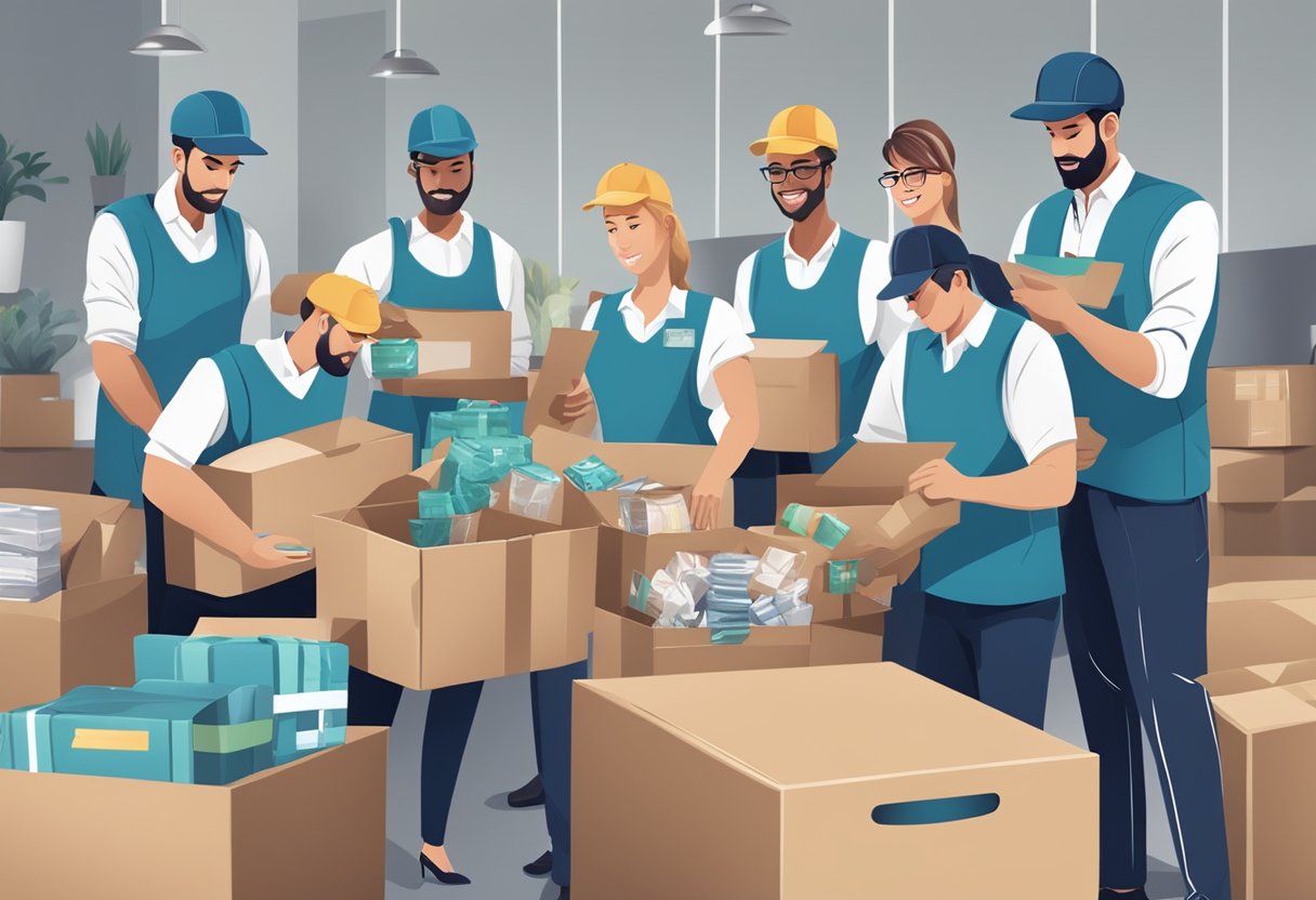 A group of corporate employees packaging and organizing charity gifts with FAQ signs in the background