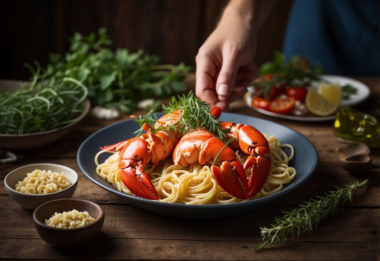 A hand reaches for fresh lobster, pasta, and herbs on a rustic wooden table. Ingredients are carefully selected for a lobster pasta recipe
