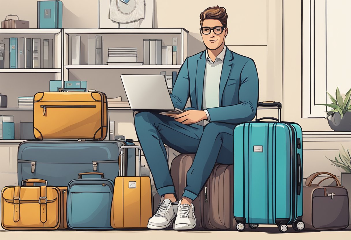 A traveller stands beside a stack of corporate gifts, including a branded suitcase, passport holder, and travel mug