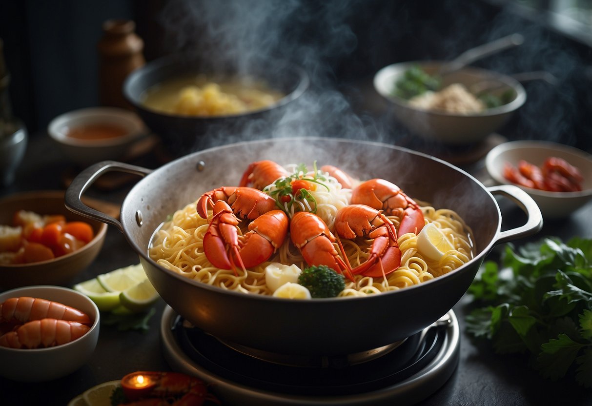 A pot of boiling water with lobster, noodles, and various ingredients being added in sequence to recreate the Singapore recipe