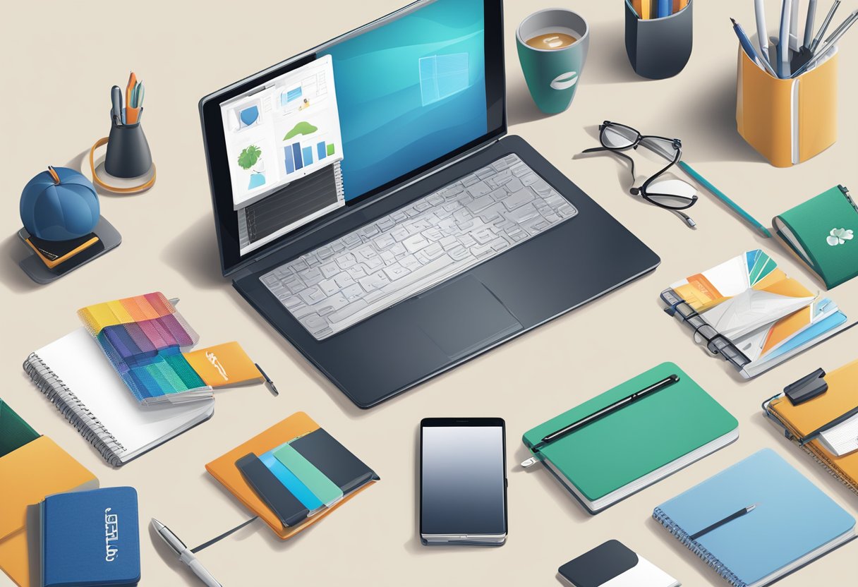 A table covered with a variety of corporate gifts, such as branded notebooks, pens, and tech accessories. A designer is adding custom logos and personal touches to each item