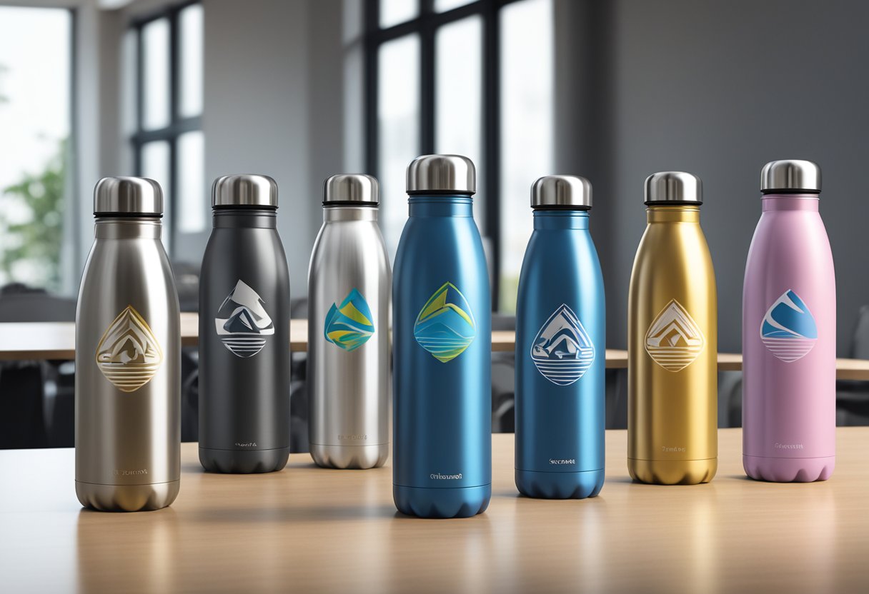 A group of stainless steel water bottles arranged on a table, with corporate logos prominently displayed. People chatting and smiling in the background