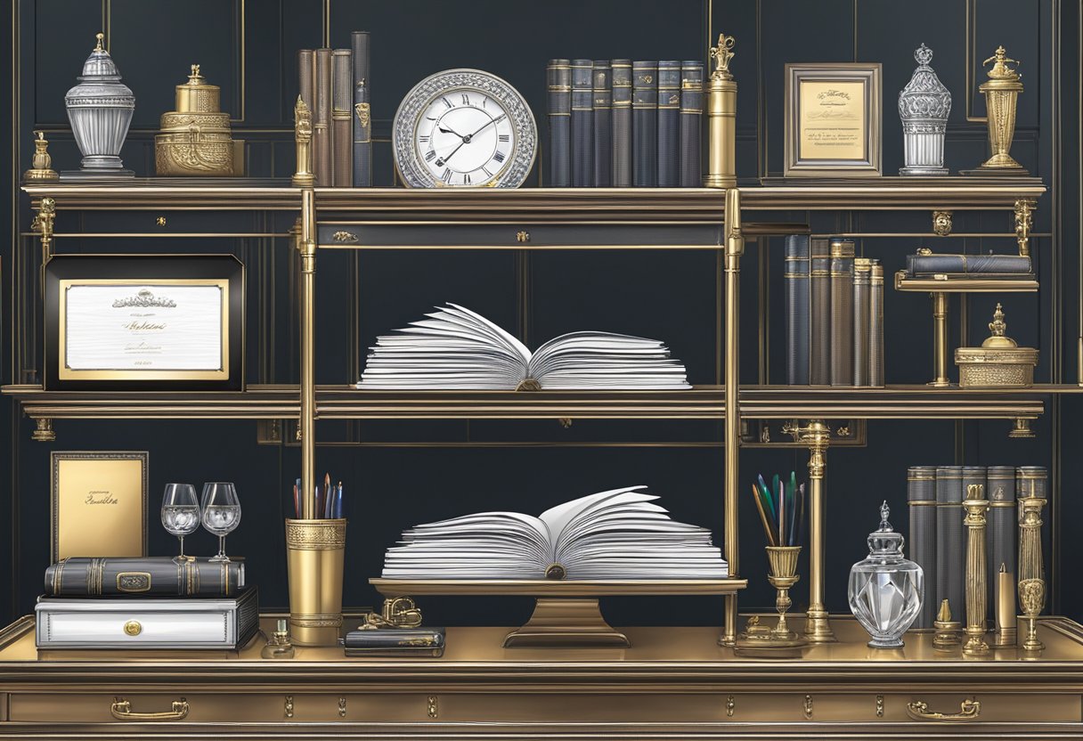 A table with luxury pens, leather portfolios, and engraved plaques. A shelf displays crystal awards and elegant gift baskets