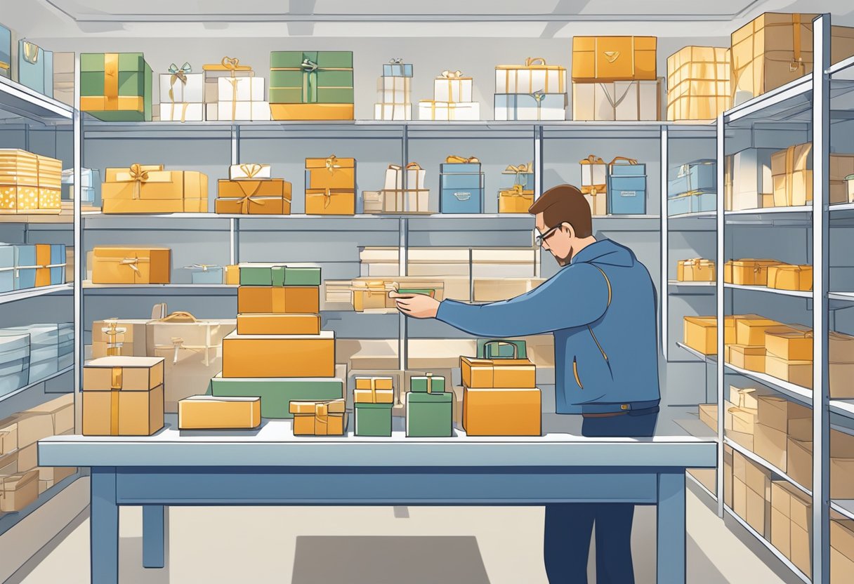 A person carefully choosing from a variety of corporate gift items displayed on shelves and tables in a well-lit, organized showroom