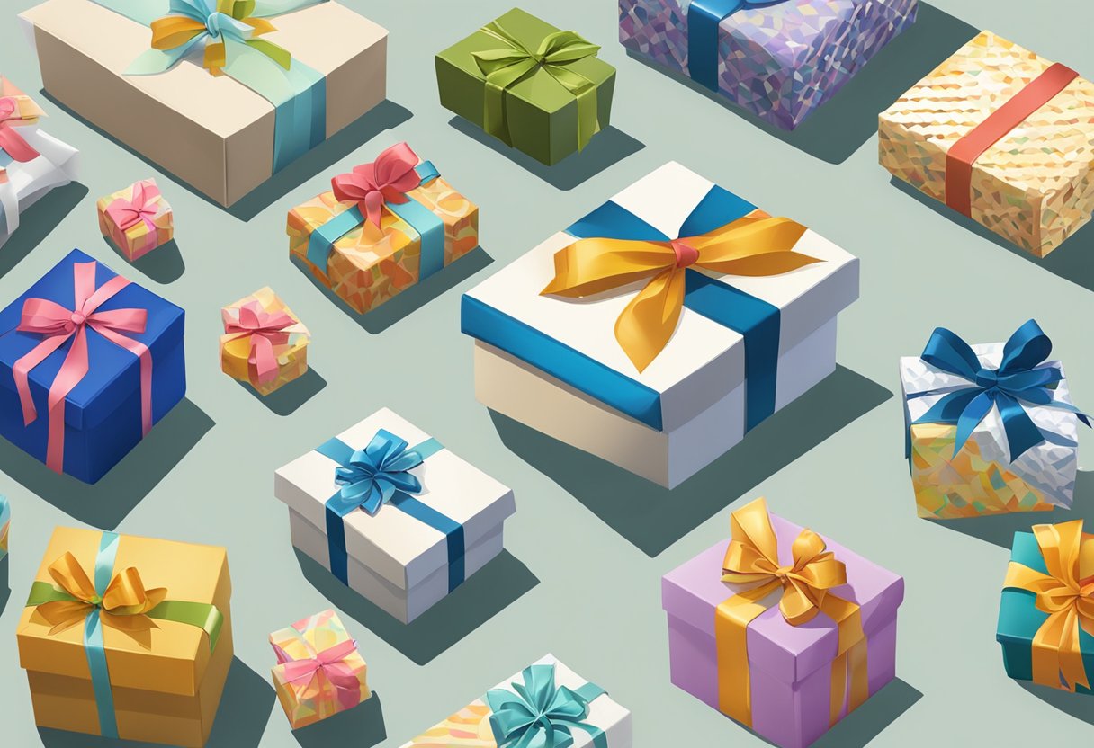 A table with various gift packaging options displayed, including branded boxes, ribbon, and custom wrapping paper