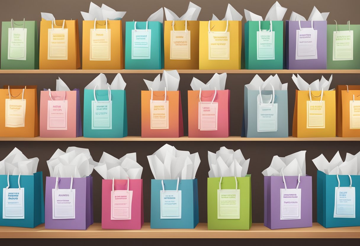A stack of colourful paper bags with "Frequently Asked Questions" printed on them, neatly arranged on a shelf