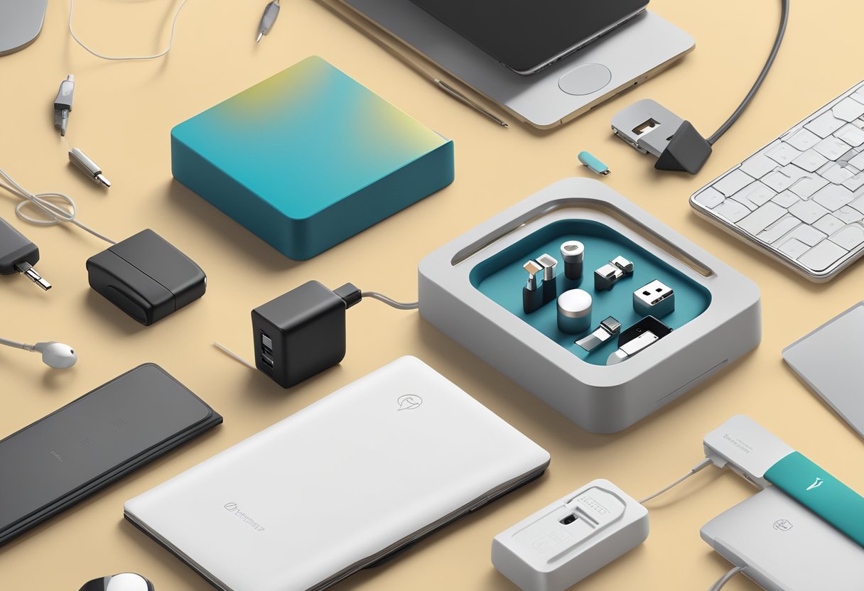 A branded travel adaptor surrounded by various corporate gift items on a sleek, modern desk