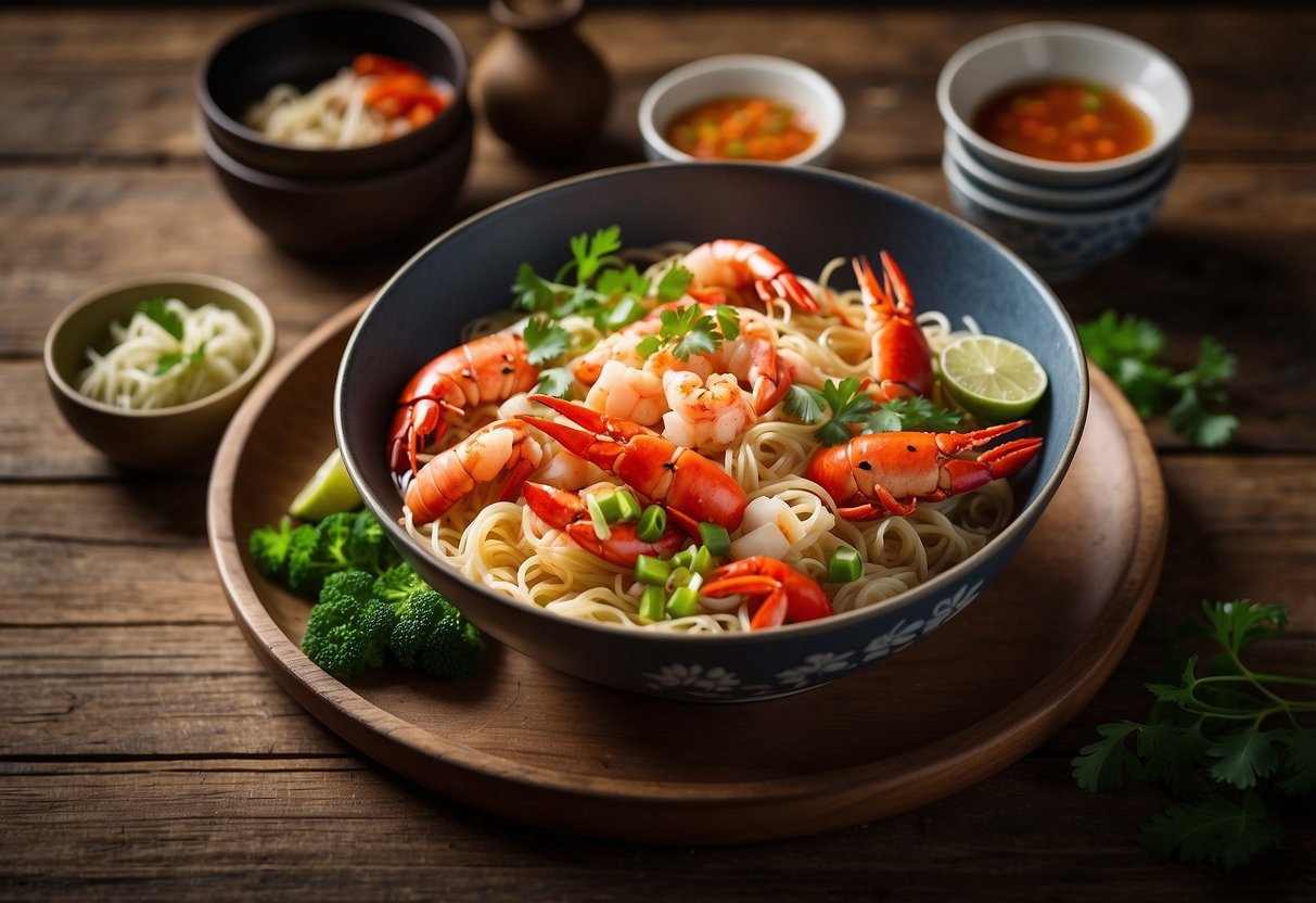 A steaming bowl of lobster noodles sits on a rustic wooden table, surrounded by vibrant ingredients and traditional Asian cooking utensils