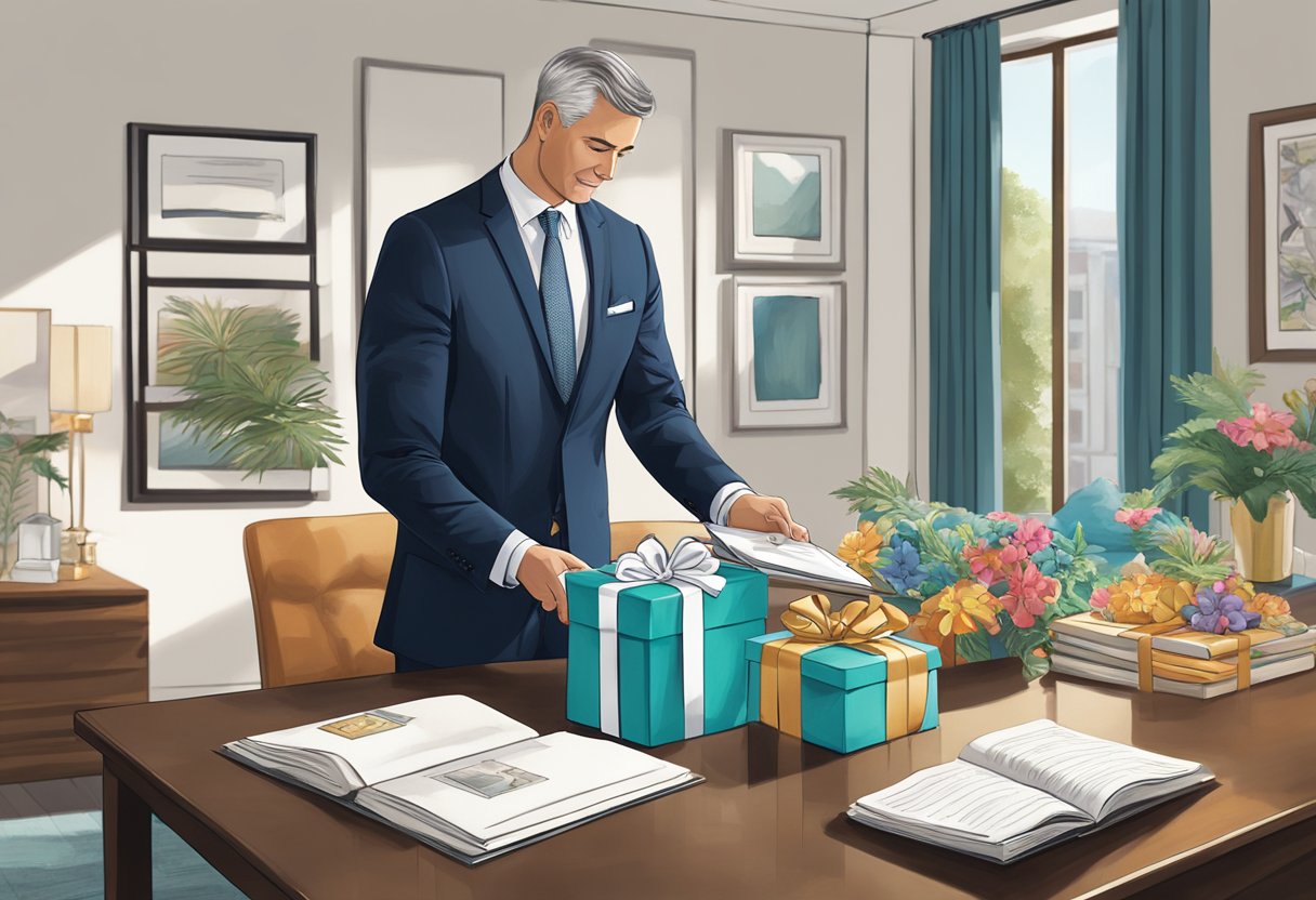 A well-dressed executive carefully examines a selection of high-quality gifts displayed on a sleek, modern table. The room is filled with natural light, creating a sophisticated and professional atmosphere