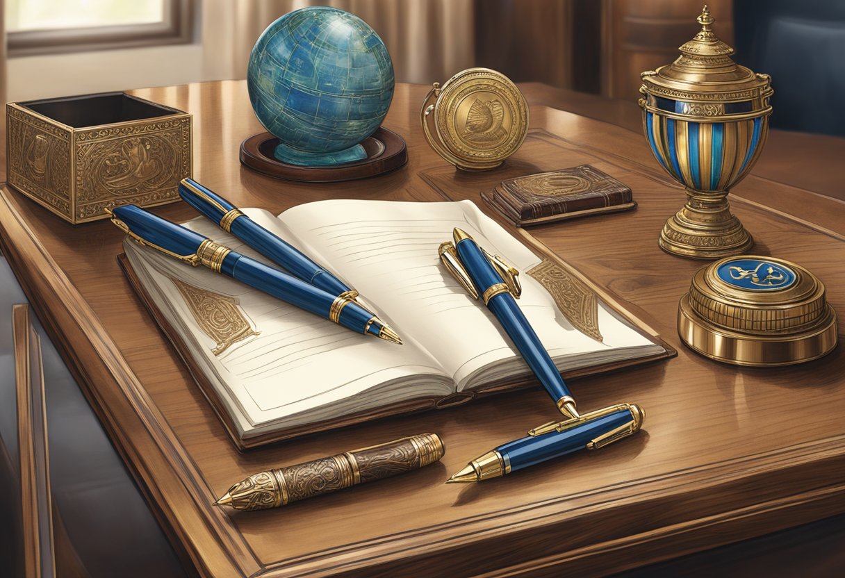 A table adorned with elegant pens, leather notebooks, and engraved trophies, all bearing the company's logo