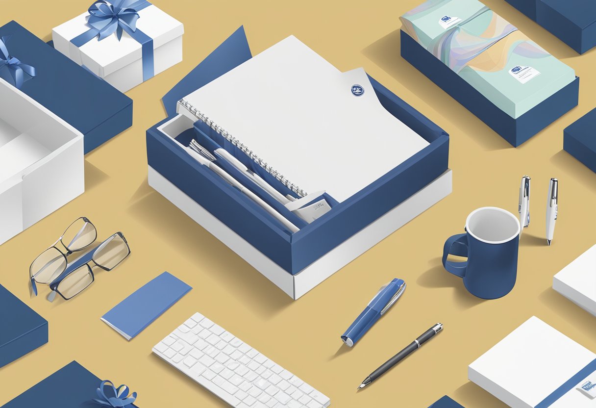 A table displaying various corporate gift items such as branded pens, notebooks, and gift baskets. A person is packaging the items into sleek boxes with the company's logo