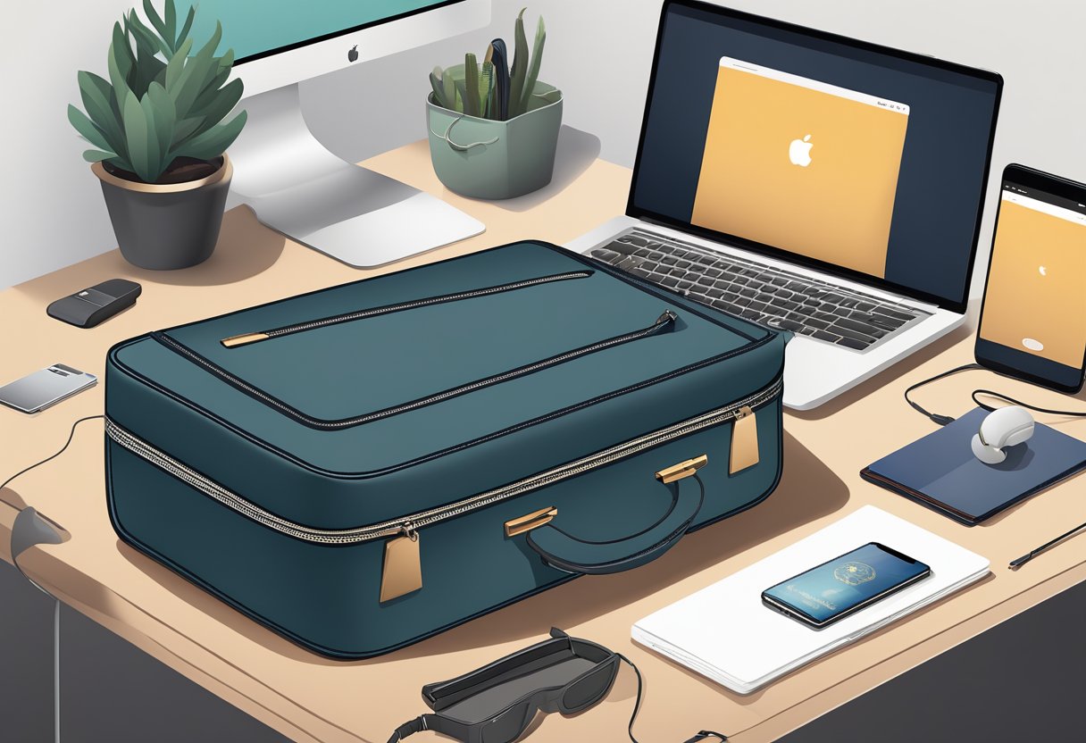 A sleek, modern suitcase sits open on a clean, organized desk. Next to it, a leather passport holder, noise-canceling headphones, and a compact travel adapter are neatly arranged