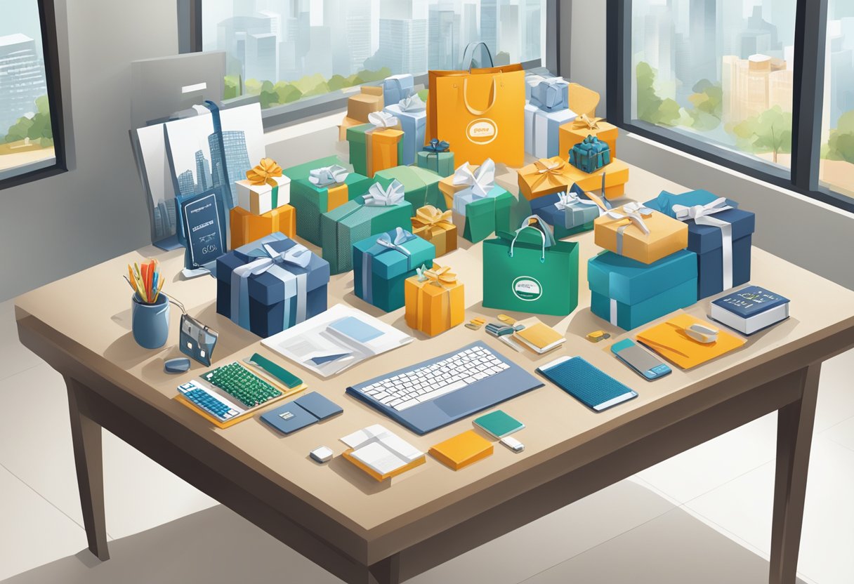 A table with various corporate gifts displayed, including branded items and luxury products, with a sign reading "Frequently Asked Questions corporate and business gifts" nearby