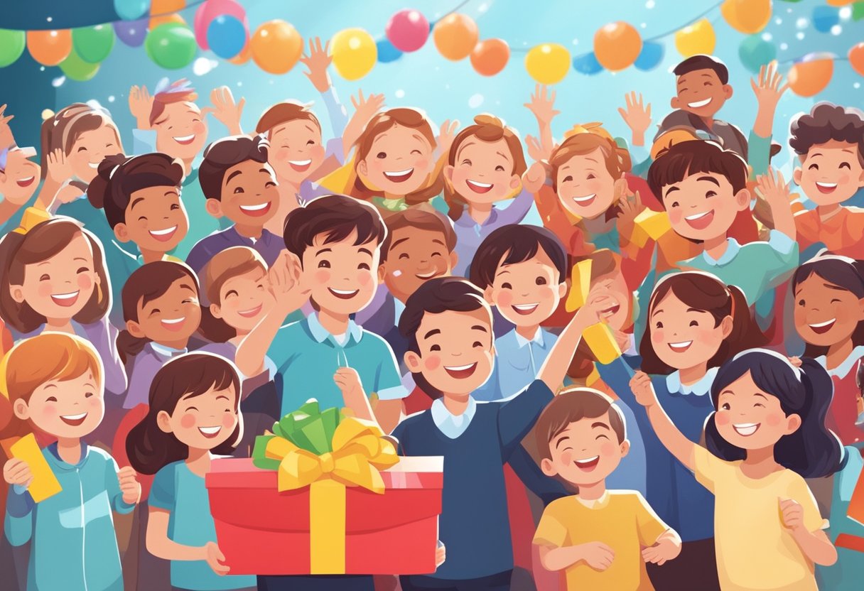 Children happily receiving corporate gifts at a festive event. Gifts include toys, books, and educational materials. Smiles and laughter fill the air