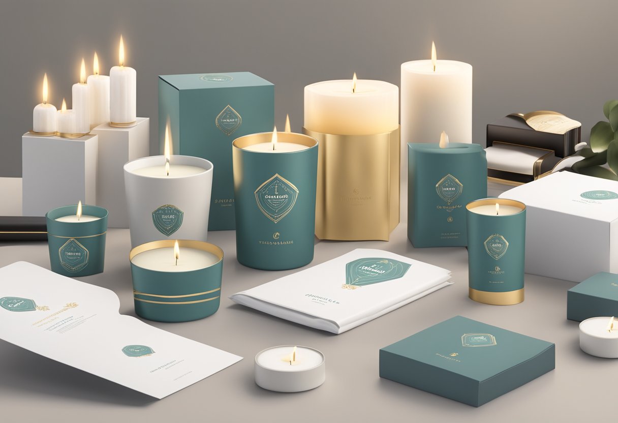 A table adorned with branded candles in elegant packaging, surrounded by office supplies and a company logo