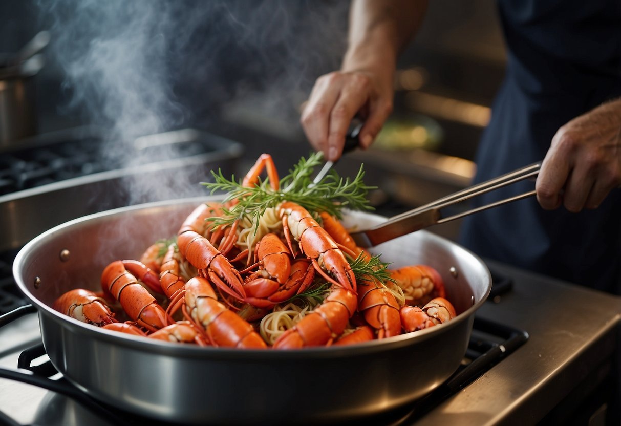 Lobster being boiled in a large pot. Pasta being cooked in a separate pot. Ingredients like garlic, tomatoes, and herbs on a cutting board