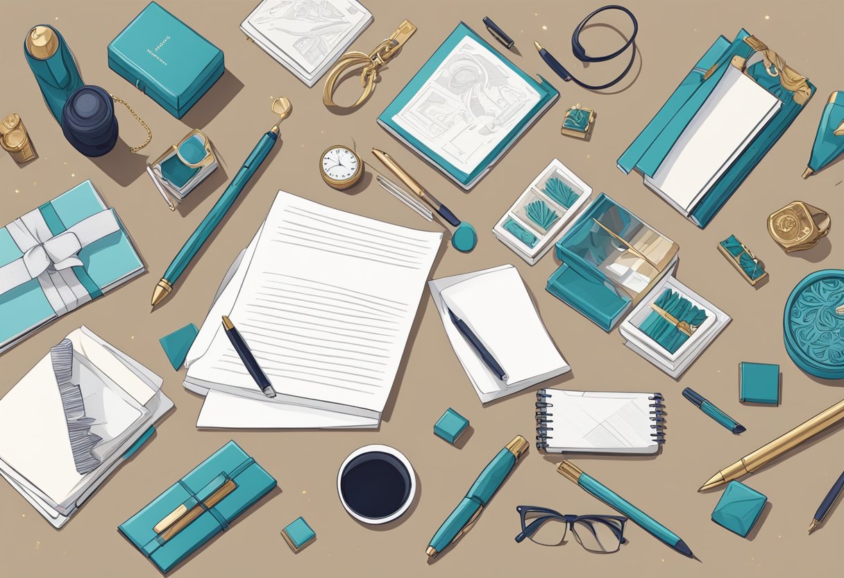 A hand reaches for a sleek pen set on a polished desk, surrounded by luxurious gift options