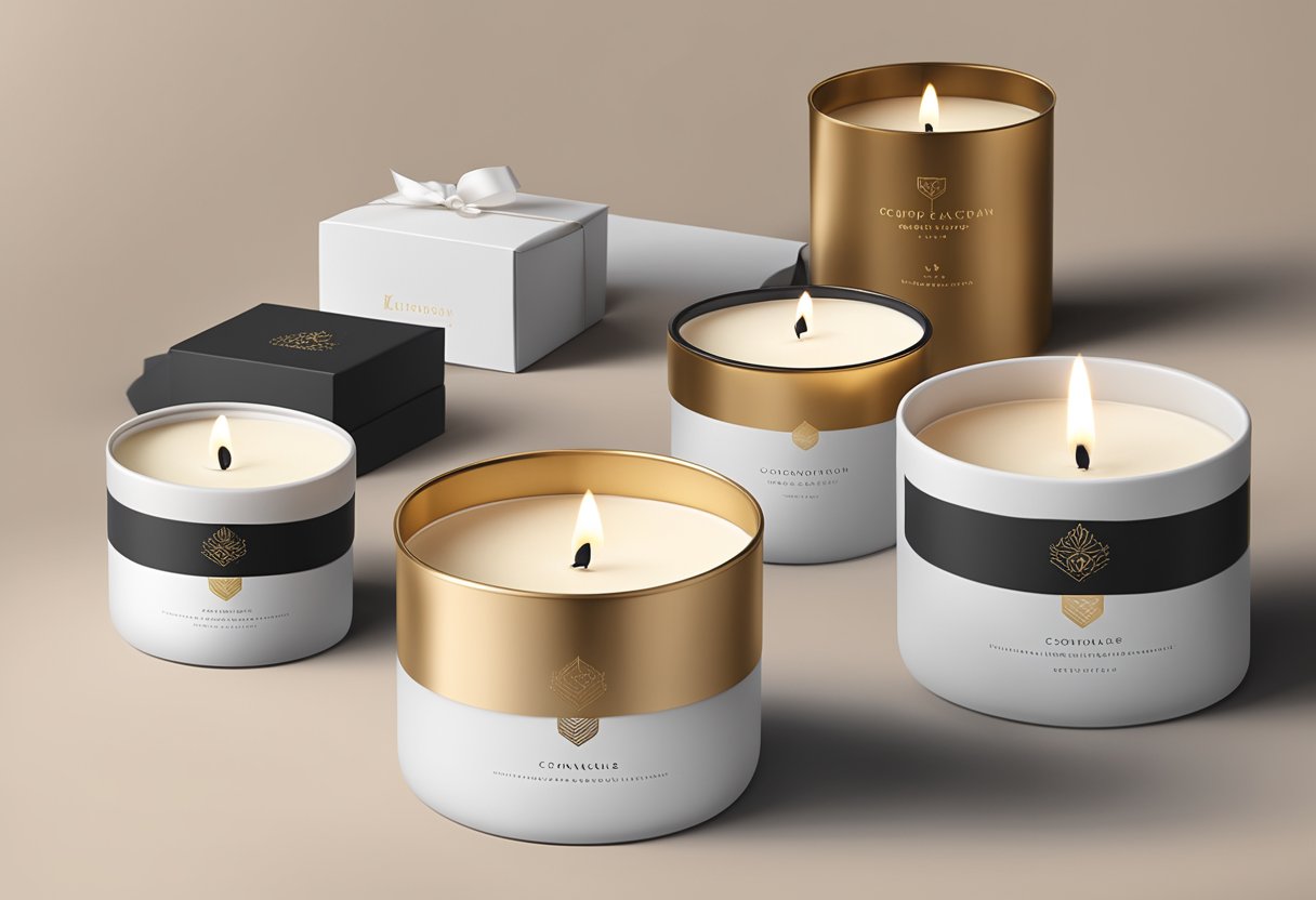 A table adorned with sleek, branded corporate gift candles in elegant packaging, surrounded by subtle branding materials and a sophisticated backdrop