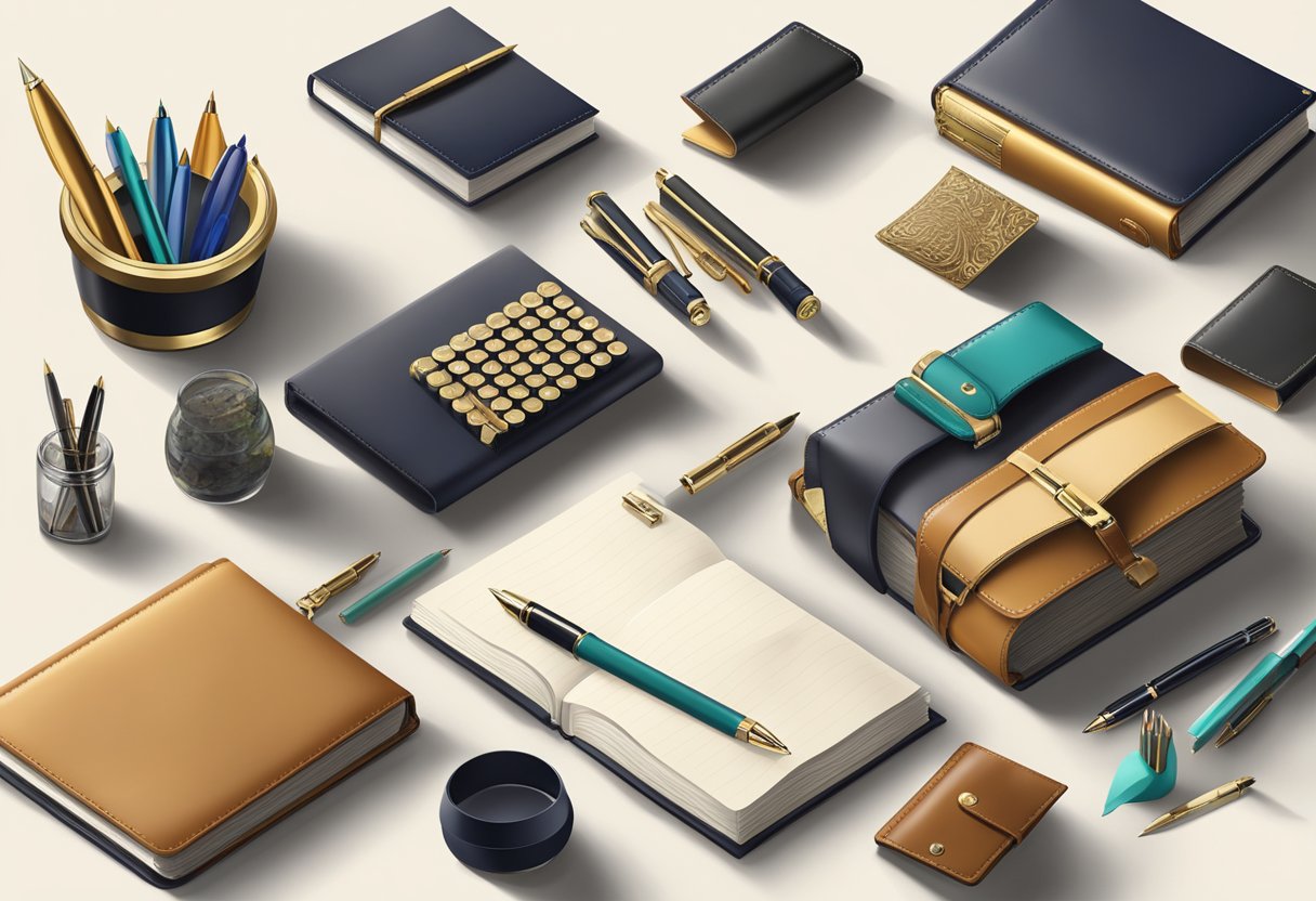 A desk adorned with luxury pens, leather-bound notebooks, and elegant desk accessories